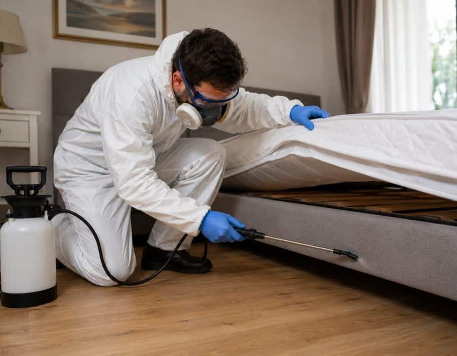Technicien ViroXpert détectant des punaises de lit sur un matelas à Marseille
